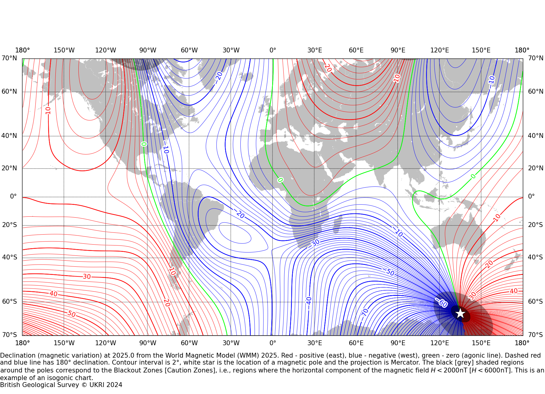 Annual rate of change of declination at 2027.5 from the World Magnetic Model - High Resolution (WMMHR2025)